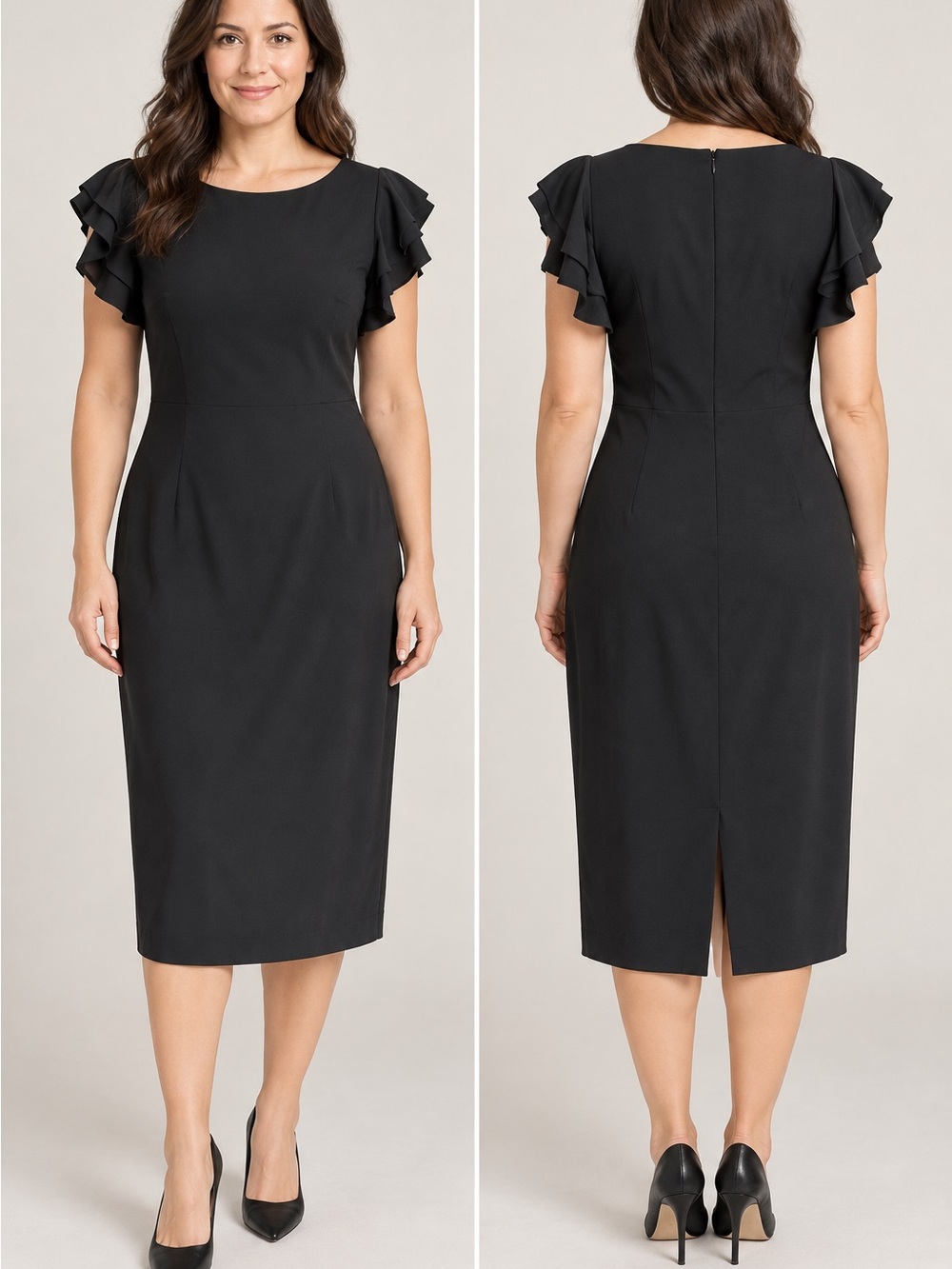 Ann Taylor Black Midi Dress with Ruffle Cap Sleeves